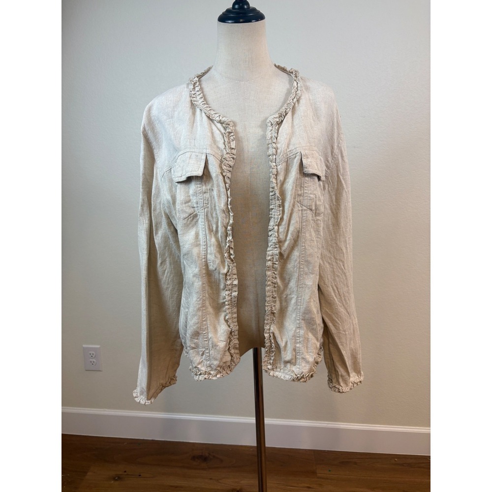 Chico's Linen Open‎ Front Jacket 3 Beige Ruffle Trim Pockets Lagenlook Coastal